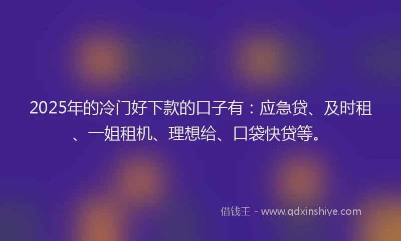 2025年的冷门好下款的口子有：应急贷、及时租、一姐租机、理想给、口袋快贷等。