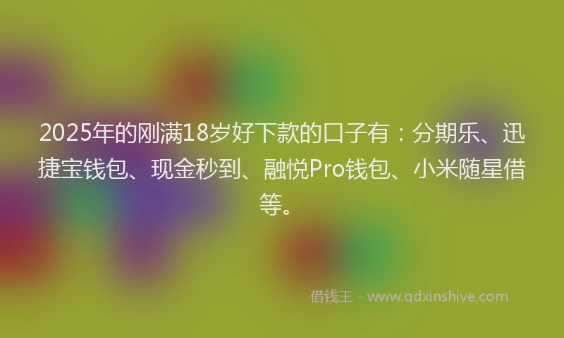 2025年的刚满18岁好下款的口子有：分期乐、迅捷宝钱包、现金秒到、融悦Pro钱包、小米随星借等。