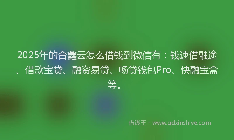 2025年的合鑫云怎么借钱到微信有：钱速借融途、借款宝贷、融资易贷、畅贷钱包Pro、快融宝盒等。
