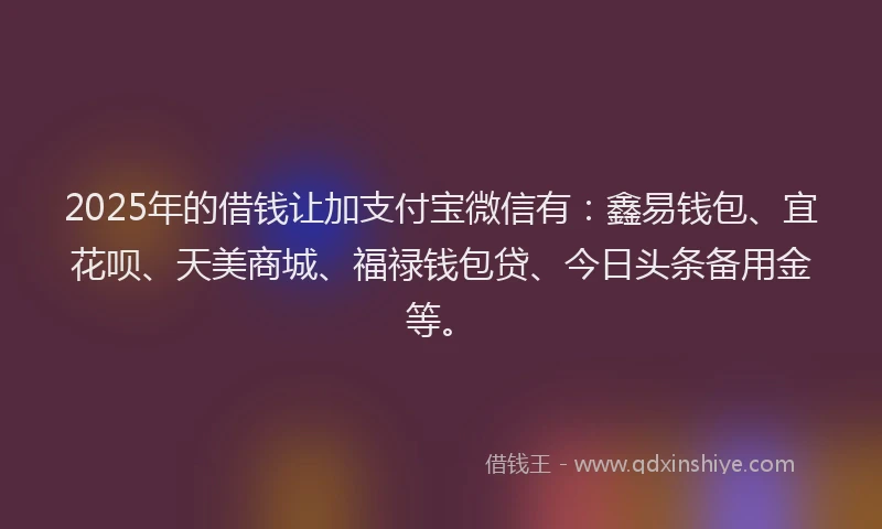 2025年的借钱让加支付宝微信有：鑫易钱包、宜花呗、天美商城、福禄钱包贷、今日头条备用金等。
