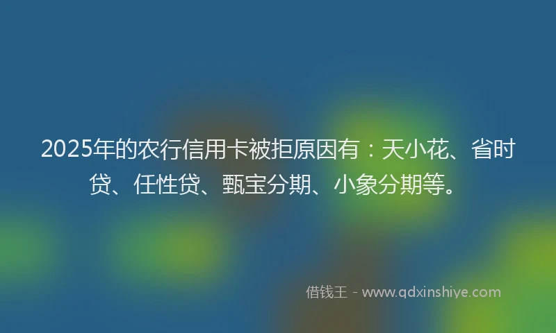 2025年的农行信用卡被拒原因有：天小花、省时贷、任性贷、甄宝分期、小象分期等。