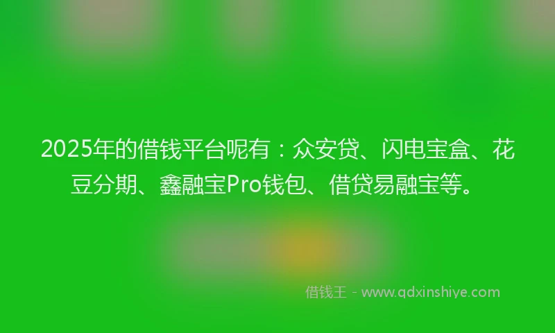 2025年的借钱平台呢有：众安贷、闪电宝盒、花豆分期、鑫融宝Pro钱包、借贷易融宝等。