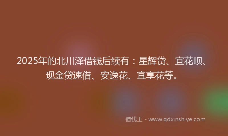 2025年的北川泽借钱后续有：星辉贷、宜花呗、现金贷速借、安逸花、宜享花等。