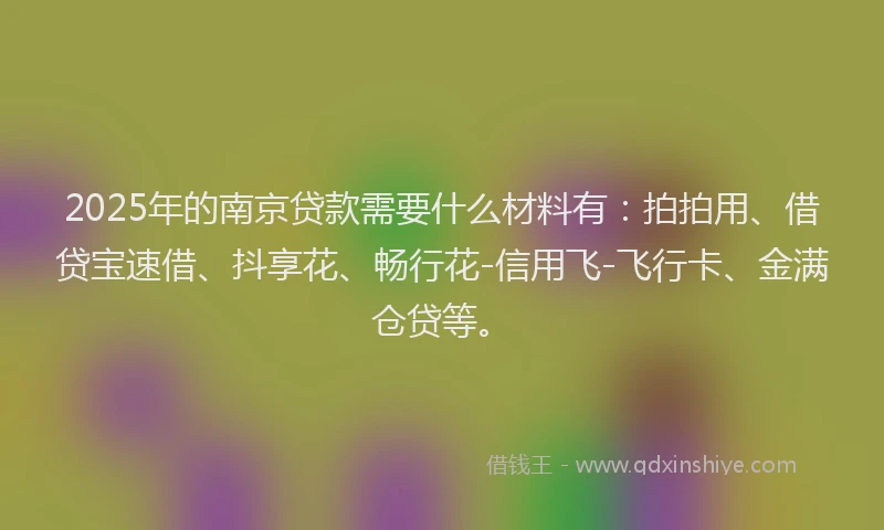 2025年的南京贷款需要什么材料有：拍拍用、借贷宝速借、抖享花、畅行花-信用飞-飞行卡、金满仓贷等。
