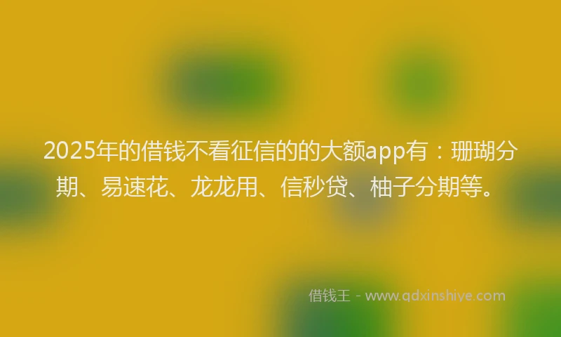 2025年的借钱不看征信的的大额app有：珊瑚分期、易速花、龙龙用、信秒贷、柚子分期等。