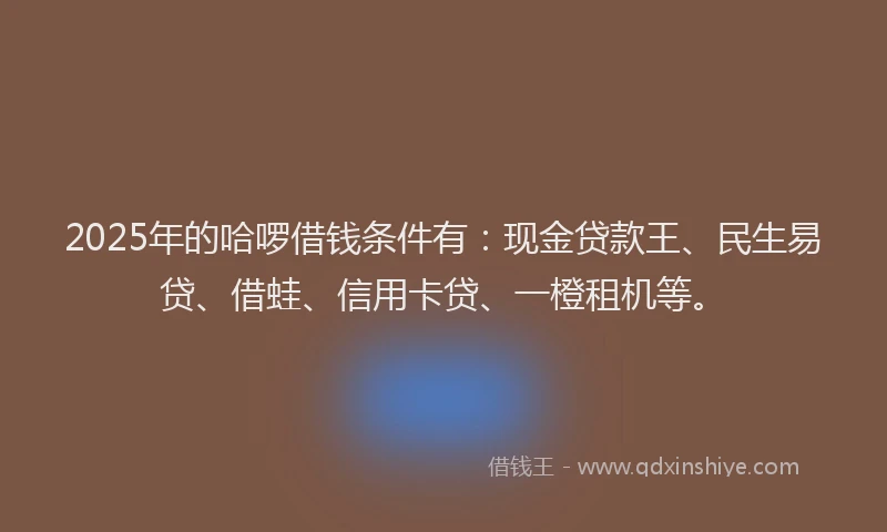 2025年的哈啰借钱条件有：现金贷款王、民生易贷、借蛙、信用卡贷、一橙租机等。