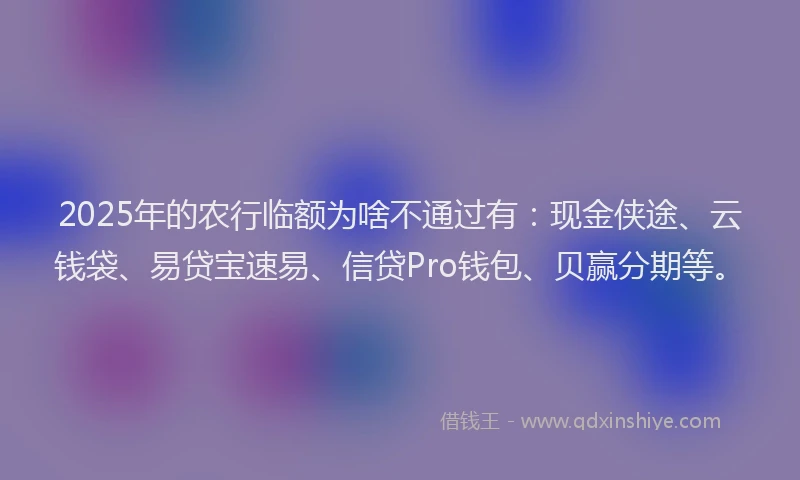 2025年的农行临额为啥不通过有：现金侠途、云钱袋、易贷宝速易、信贷Pro钱包、贝赢分期等。