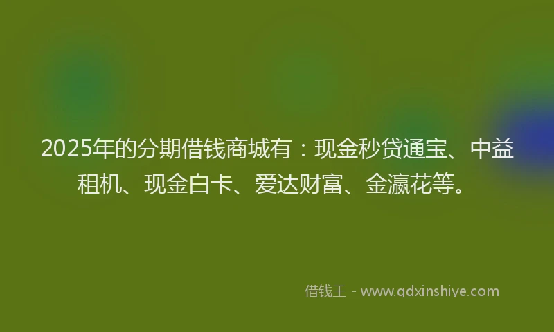 2025年的分期借钱商城有：现金秒贷通宝、中益租机、现金白卡、爱达财富、金瀛花等。