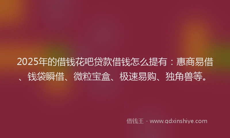 2025年的借钱花吧贷款借钱怎么提有：惠商易借、钱袋瞬借、微粒宝盒、极速易购、独角兽等。