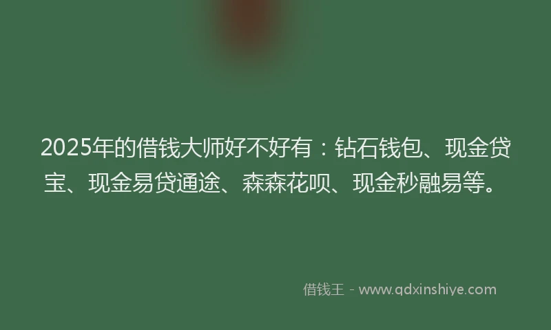 2025年的借钱大师好不好有：钻石钱包、现金贷宝、现金易贷通途、森森花呗、现金秒融易等。