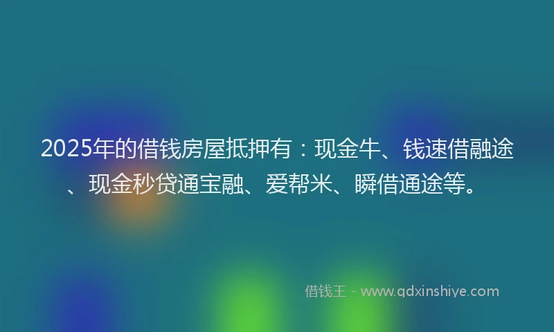 2025年的借钱房屋抵押有：现金牛、钱速借融途、现金秒贷通宝融、爱帮米、瞬借通途等。