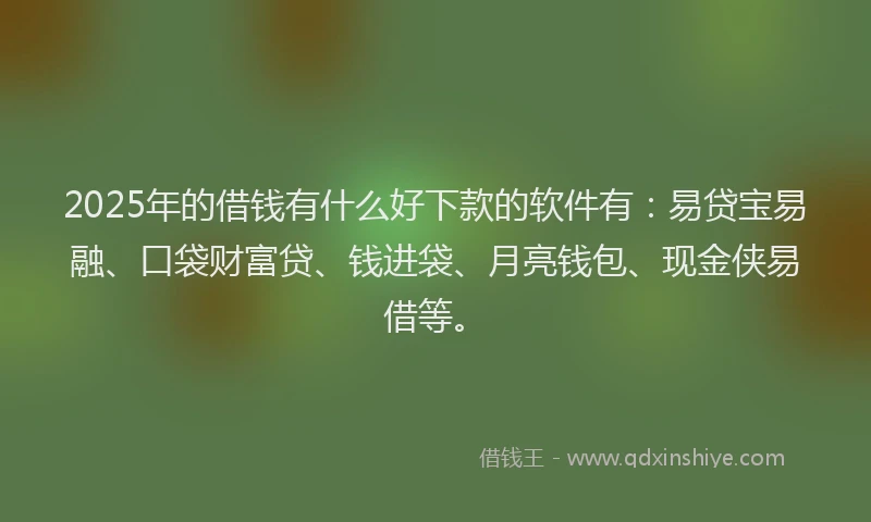 2025年的借钱有什么好下款的软件有：易贷宝易融、口袋财富贷、钱进袋、月亮钱包、现金侠易借等。