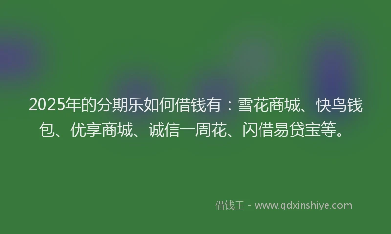 2025年的分期乐如何借钱有：雪花商城、快鸟钱包、优享商城、诚信一周花、闪借易贷宝等。