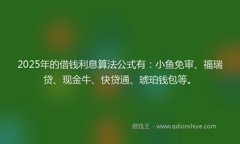 2025年的借钱利息算法公式有：小鱼免审、福瑞贷、现金牛、快贷通、琥珀钱包等。