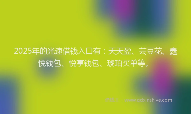 2025年的光速借钱入口有：天天盈、芸豆花、鑫悦钱包、悦享钱包、琥珀买单等。