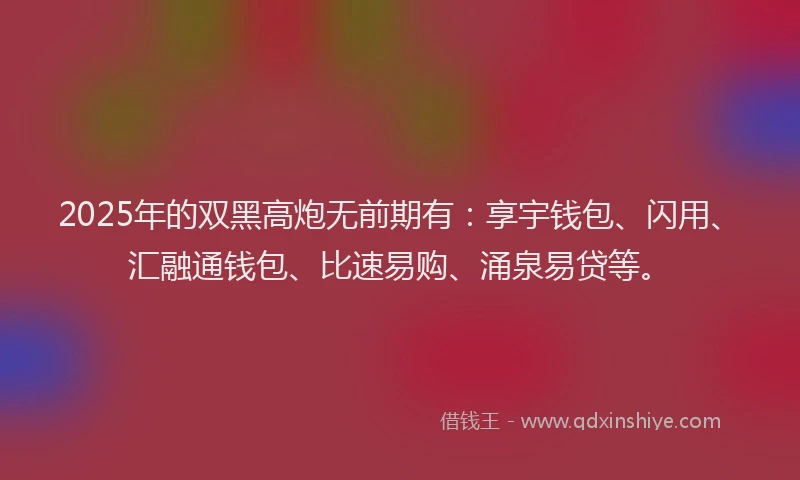 2025年的双黑高炮无前期有：享宇钱包、闪用、汇融通钱包、比速易购、涌泉易贷等。