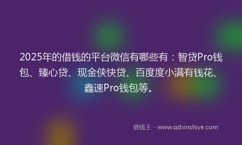 2025年的借钱的平台微信有哪些有：智贷Pro钱包、臻心贷、现金侠快贷、百度度小满有钱花、鑫速Pro钱包等。