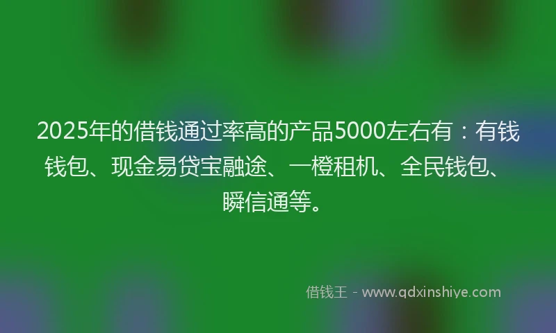 2025年的借钱通过率高的产品5000左右有：有钱钱包、现金易贷宝融途、一橙租机、全民钱包、瞬信通等。