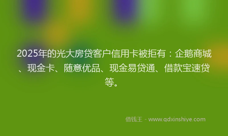 2025年的光大房贷客户信用卡被拒有：企鹅商城、现金卡、随意优品、现金易贷通、借款宝速贷等。