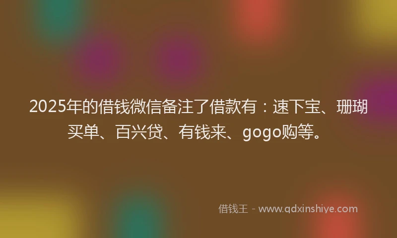 2025年的借钱微信备注了借款有：速下宝、珊瑚买单、百兴贷、有钱来、gogo购等。