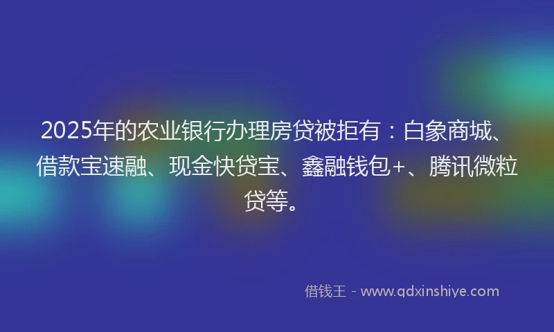 2025年的农业银行办理房贷被拒有：白象商城、借款宝速融、现金快贷宝、鑫融钱包+、腾讯微粒贷等。