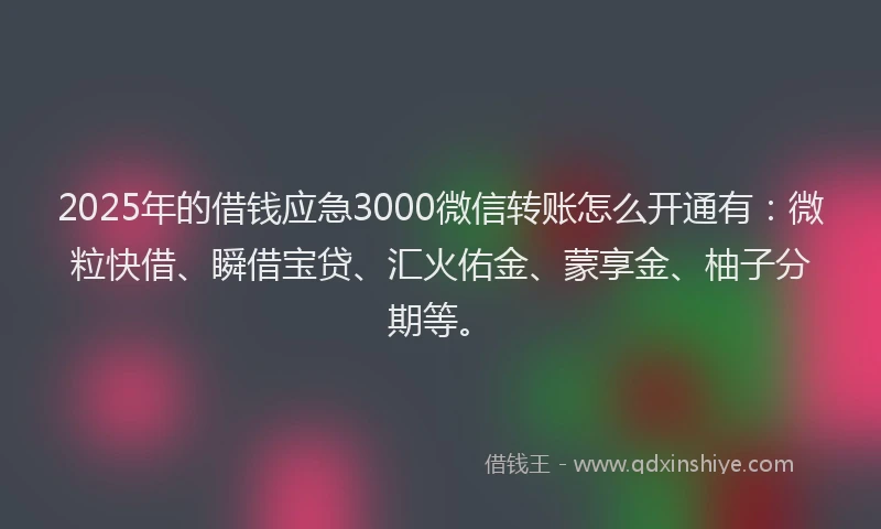 2025年的借钱应急3000微信转账怎么开通有：微粒快借、瞬借宝贷、汇火佑金、蒙享金、柚子分期等。