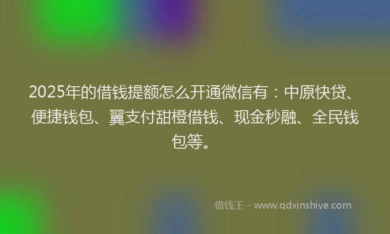 2025年的借钱提额怎么开通微信有：中原快贷、便捷钱包、翼支付甜橙借钱、现金秒融、全民钱包等。