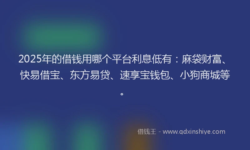 2025年的借钱用哪个平台利息低有：麻袋财富、快易借宝、东方易贷、速享宝钱包、小狗商城等。