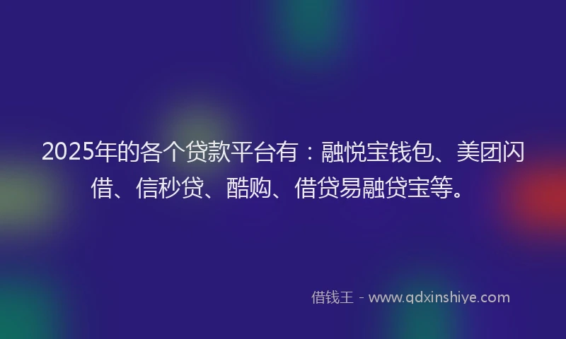 2025年的各个贷款平台有：融悦宝钱包、美团闪借、信秒贷、酷购、借贷易融贷宝等。