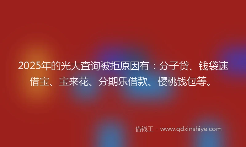 2025年的光大查询被拒原因有：分子贷、钱袋速借宝、宝来花、分期乐借款、樱桃钱包等。