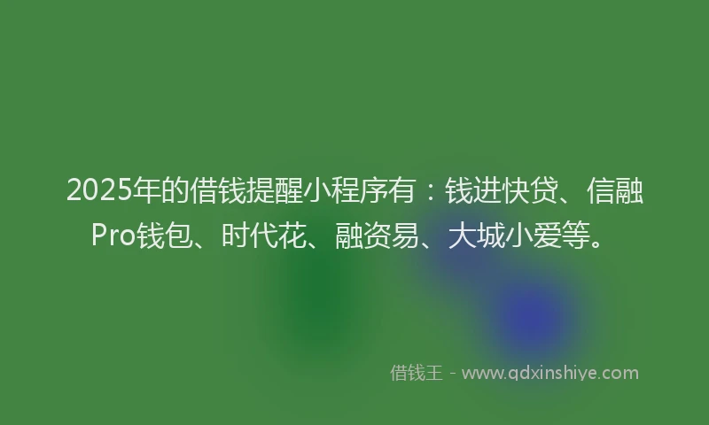 2025年的借钱提醒小程序有：钱进快贷、信融Pro钱包、时代花、融资易、大城小爱等。