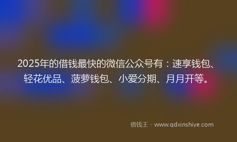 2025年的借钱最快的微信公众号有：速享钱包、轻花优品、菠萝钱包、小爱分期、月月开等。