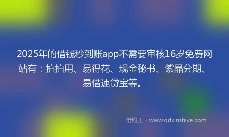 2025年的借钱秒到账app不需要审核16岁免费网站有：拍拍用、易得花、现金秘书、紫晶分期、易借速贷宝等。