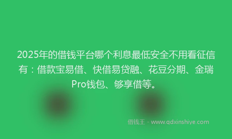 2025年的借钱平台哪个利息最低安全不用看征信有：借款宝易借、快借易贷融、花豆分期、金瑞Pro钱包、够享借等。