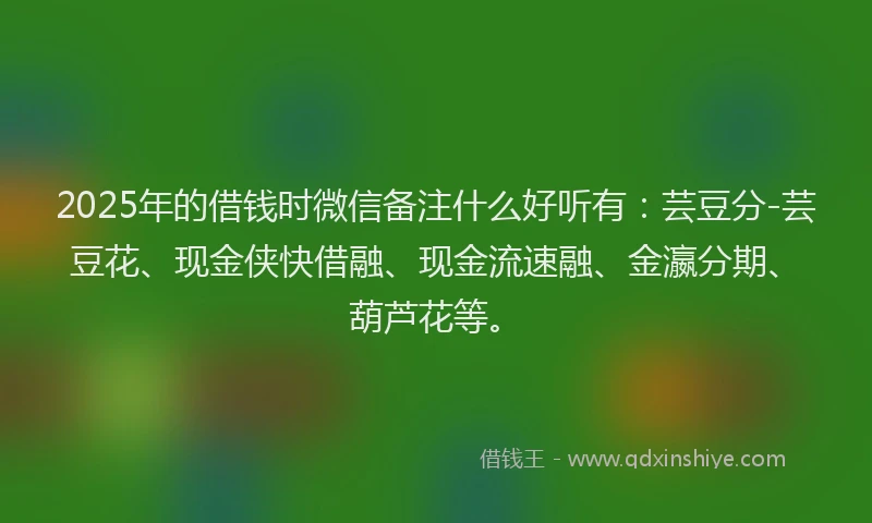 2025年的借钱时微信备注什么好听有：芸豆分-芸豆花、现金侠快借融、现金流速融、金瀛分期、葫芦花等。