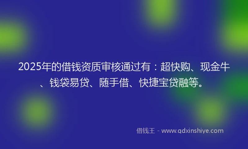 2025年的借钱资质审核通过有：超快购、现金牛、钱袋易贷、随手借、快捷宝贷融等。