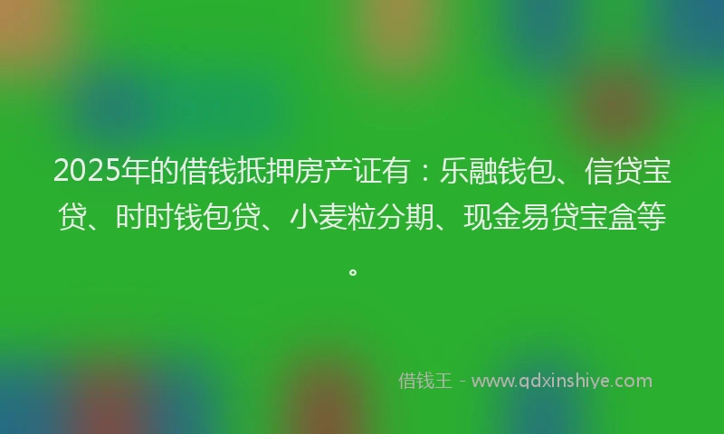 2025年的借钱抵押房产证有：乐融钱包、信贷宝贷、时时钱包贷、小麦粒分期、现金易贷宝盒等。