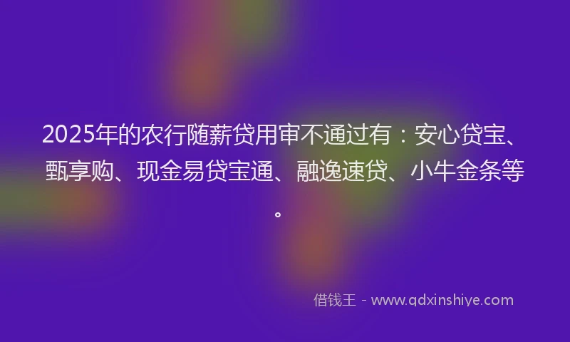 2025年的农行随薪贷用审不通过有：安心贷宝、甄享购、现金易贷宝通、融逸速贷、小牛金条等。