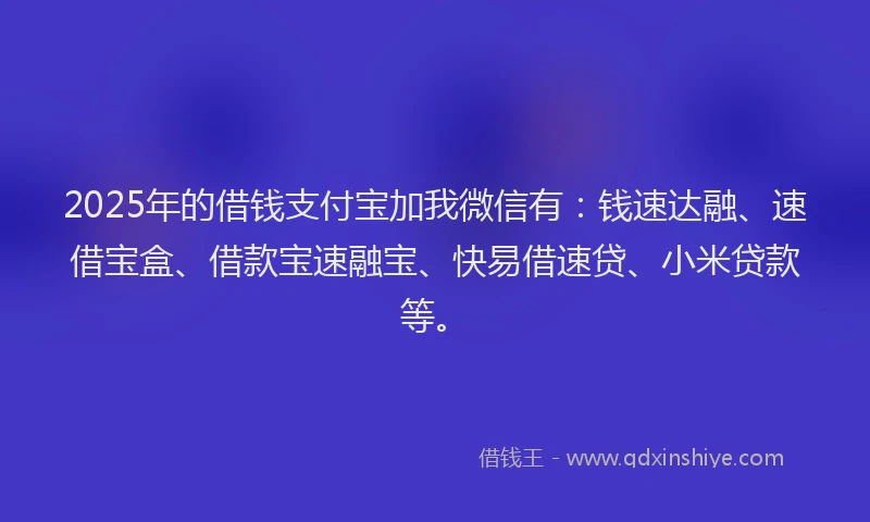 2025年的借钱支付宝加我微信有：钱速达融、速借宝盒、借款宝速融宝、快易借速贷、小米贷款等。