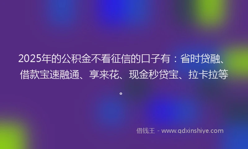 2025年的公积金不看征信的口子有：省时贷融、借款宝速融通、享来花、现金秒贷宝、拉卡拉等。