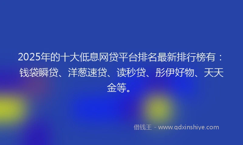2025年的十大低息网贷平台排名最新排行榜有：钱袋瞬贷、洋葱速贷、读秒贷、彤伊好物、天天金等。