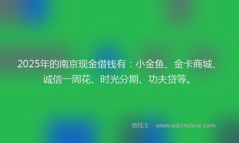 2025年的南京现金借钱有：小金鱼、金卡商城、诚信一周花、时光分期、功夫贷等。
