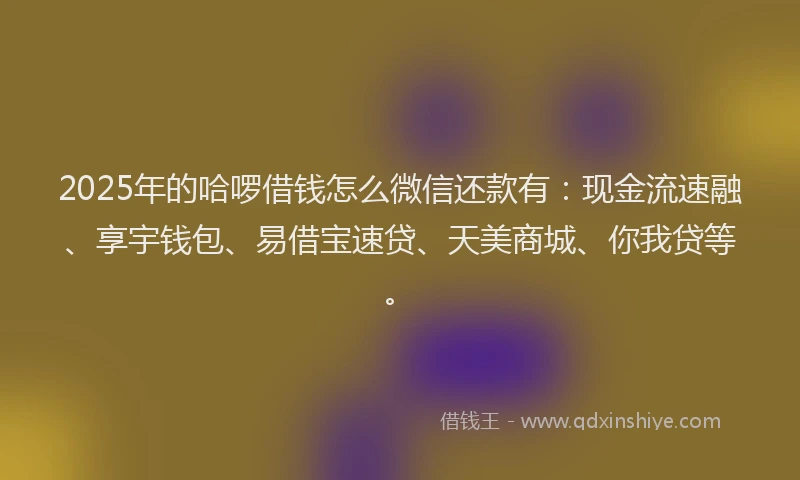 2025年的哈啰借钱怎么微信还款有：现金流速融、享宇钱包、易借宝速贷、天美商城、你我贷等。