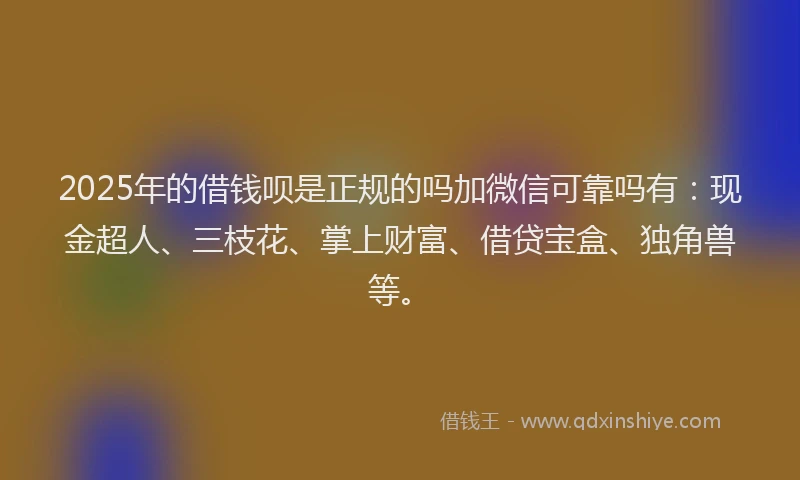 2025年的借钱呗是正规的吗加微信可靠吗有：现金超人、三枝花、掌上财富、借贷宝盒、独角兽等。