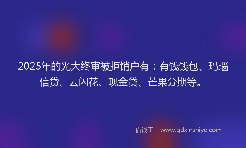 2025年的光大终审被拒销户有：有钱钱包、玛瑙信贷、云闪花、现金贷、芒果分期等。