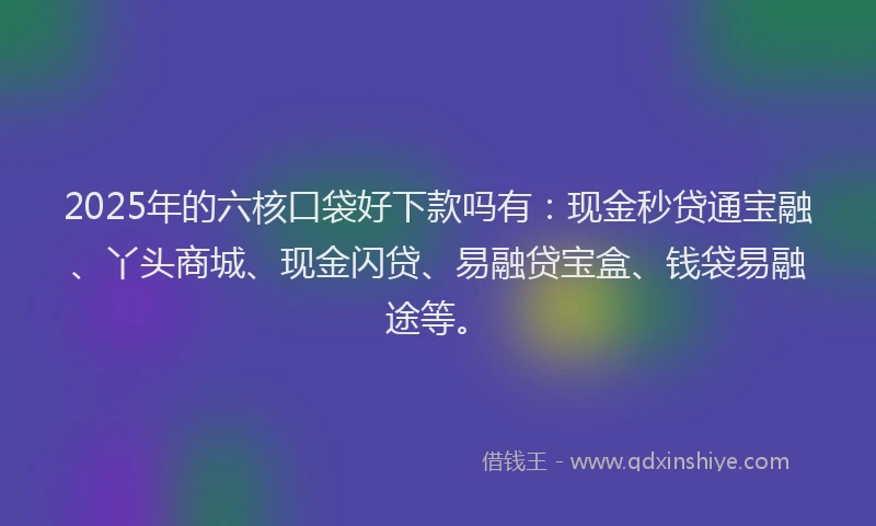 2025年的六核口袋好下款吗有：现金秒贷通宝融、丫头商城、现金闪贷、易融贷宝盒、钱袋易融途等。