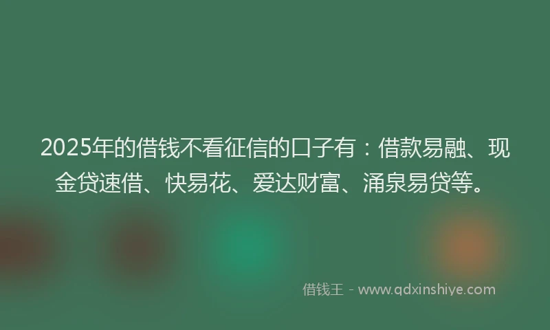 2025年的借钱不看征信的口子有：借款易融、现金贷速借、快易花、爱达财富、涌泉易贷等。
