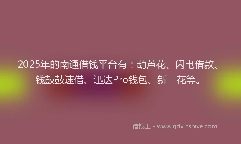 2025年的南通借钱平台有：葫芦花、闪电借款、钱鼓鼓速借、迅达Pro钱包、新一花等。