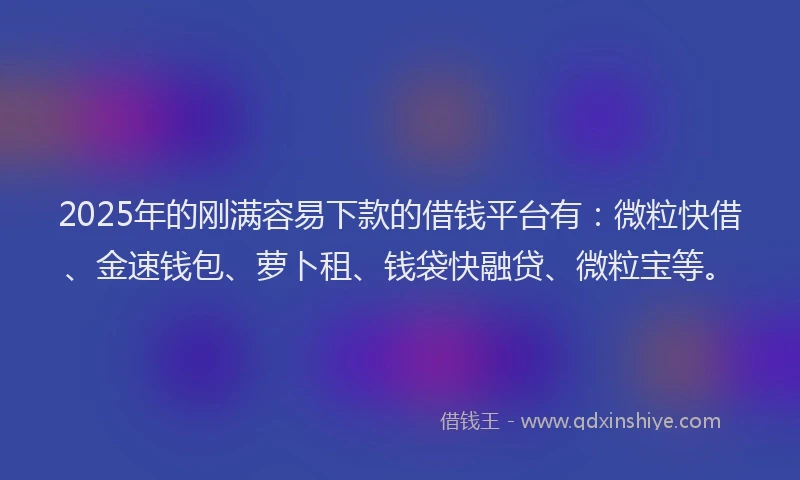 2025年的刚满容易下款的借钱平台有：微粒快借、金速钱包、萝卜租、钱袋快融贷、微粒宝等。