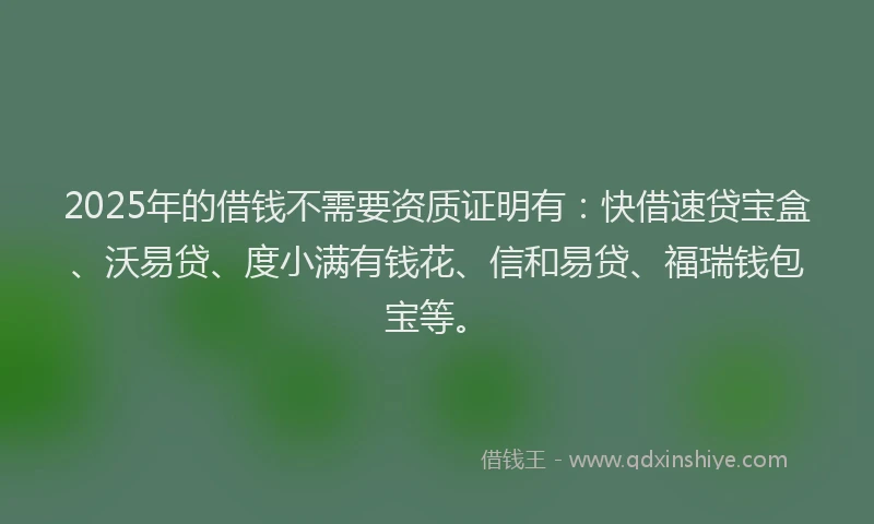 2025年的借钱不需要资质证明有：快借速贷宝盒、沃易贷、度小满有钱花、信和易贷、福瑞钱包宝等。
